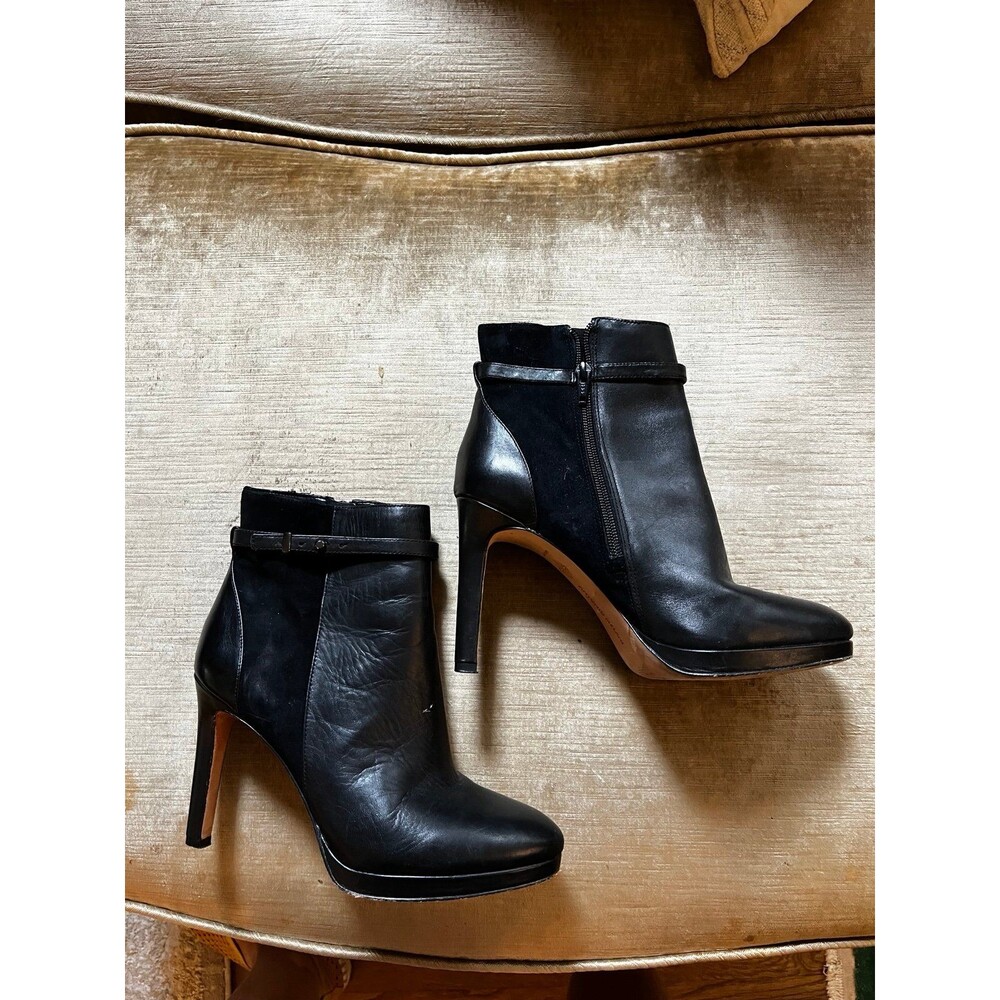 Black Leather Antonio Melani Platform Ankle Boots Heels Booties 8.5 Suede Trim